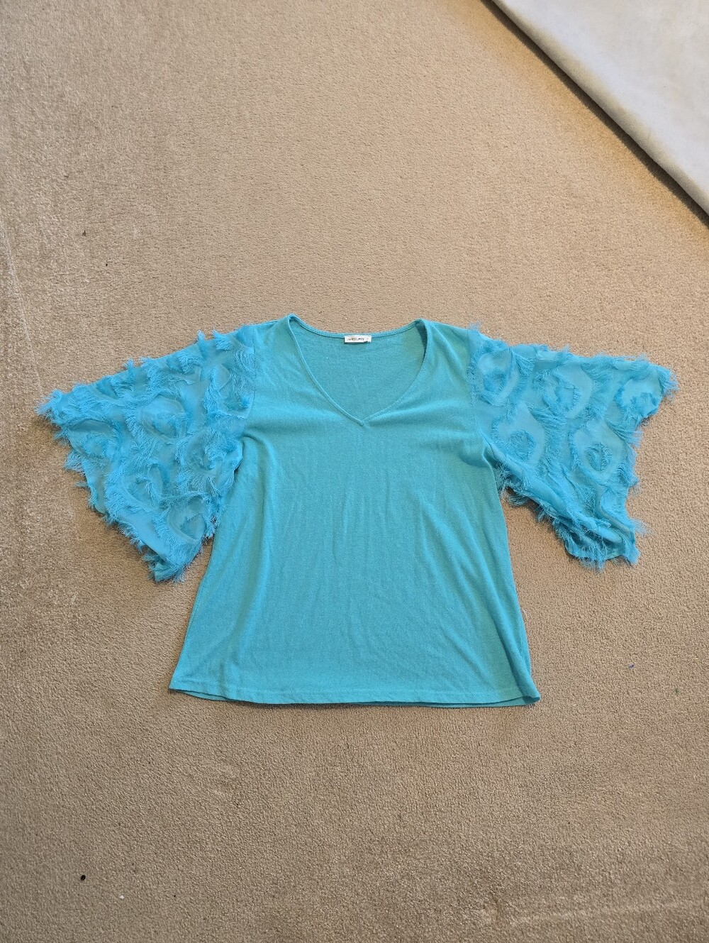 V-Neck Turquoise Flutter Sleeve Blouse